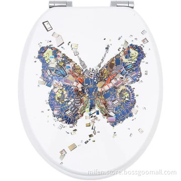 Fanmitrk Wooden Toilet Seat-Durable MDF Toilet Seat Soft Close in Various Patterns(butterfly)